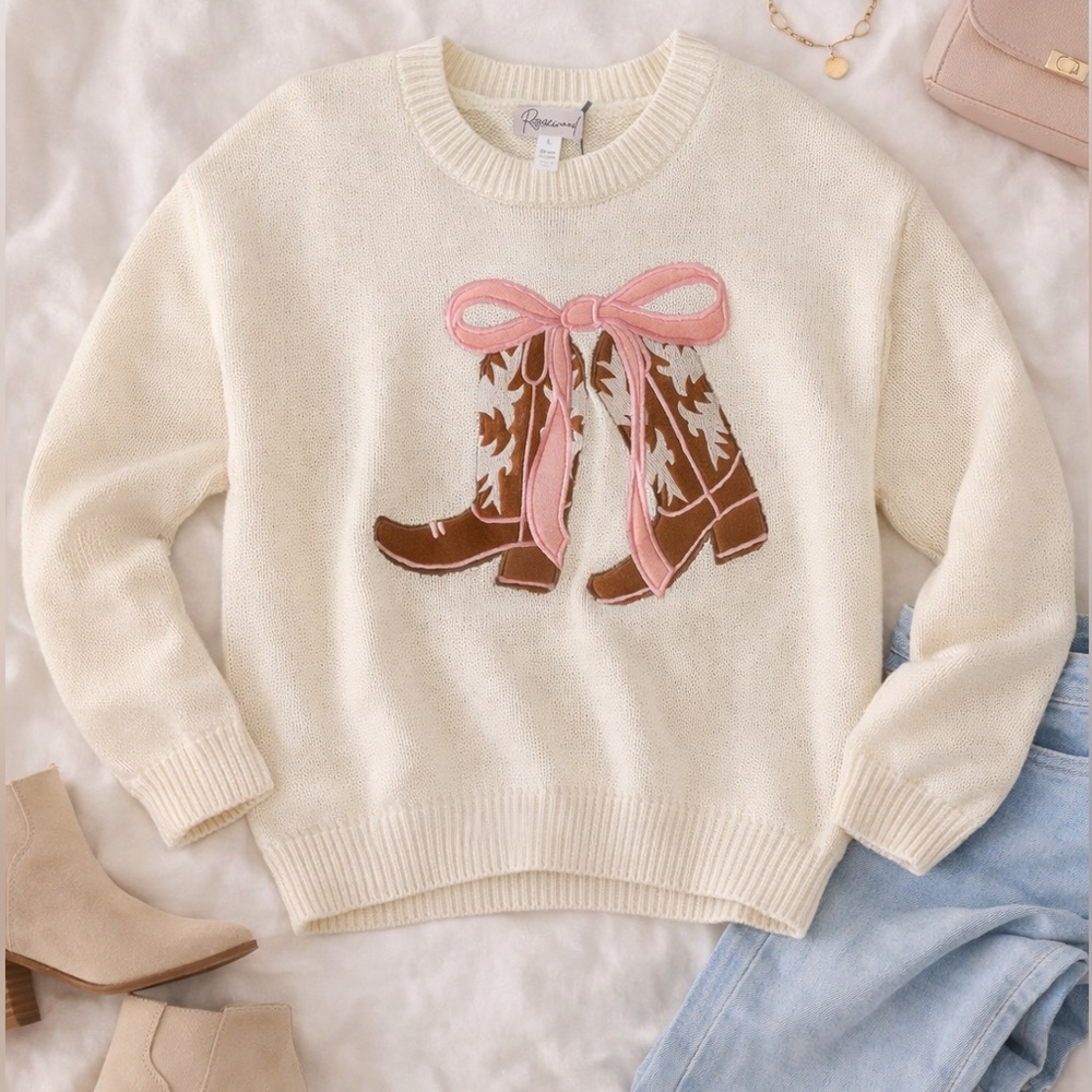 🎀 Rosewood Cream Knit "Coquette Cowboy" Bow Graphic Crew neck Sweater - Size L